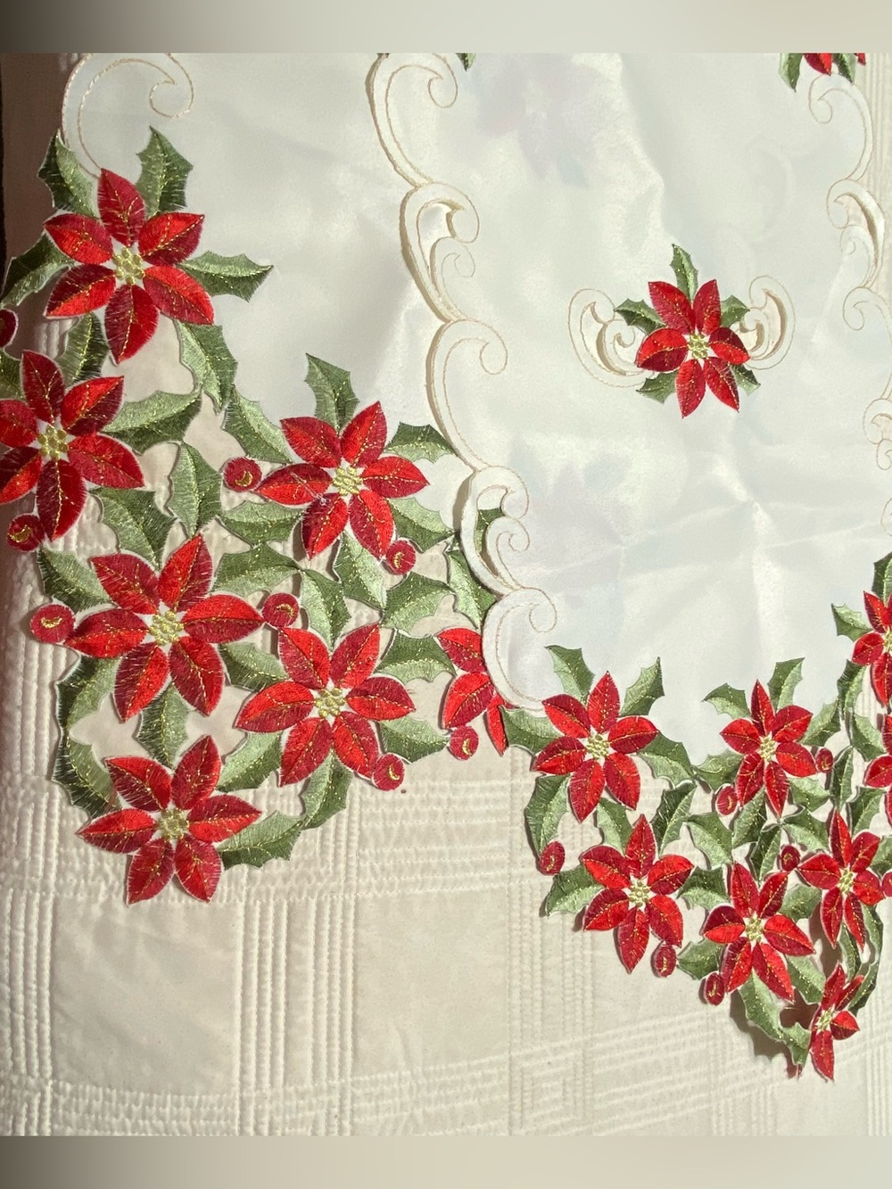 Christmas Table Runner Ivory Red Poinsettia Embroidered Cutwork Gold Holiday 68"